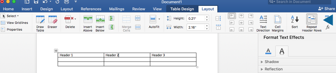 Repeating Header Rows option is located in the Layout options