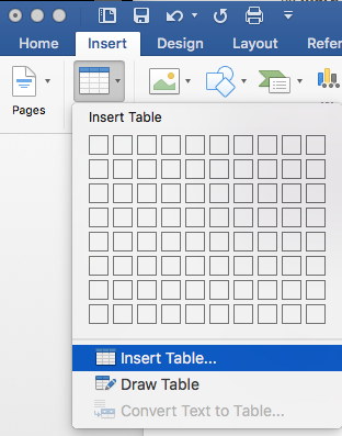 Use the Insert tab from the ribbon to then add a table to your document.