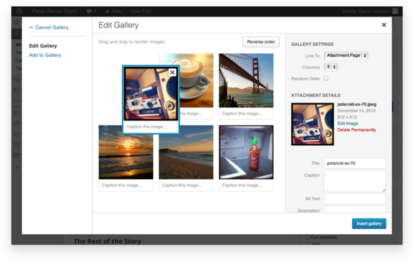 Screenshot of rearranging an image gallery using the drag and drop feature.