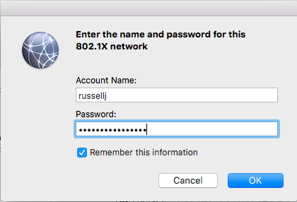 Enter the name and password for this 802.1X network