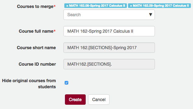 Moodle course merge tool configuration page