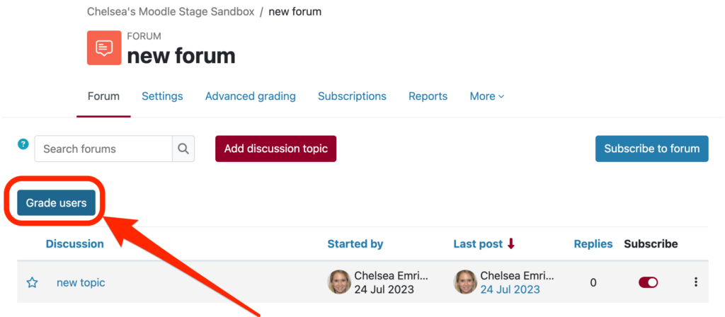 "grade users" button within the discussion forum in moodle