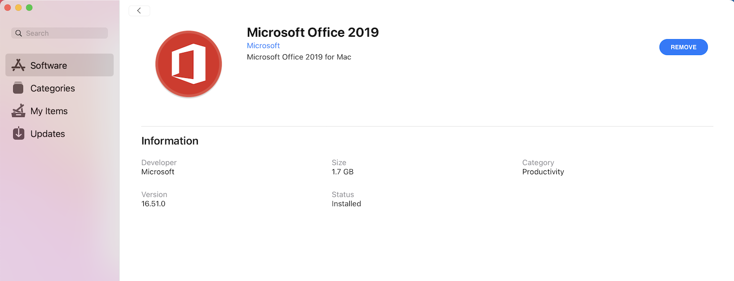 Software detail view of Managed Software Center showing detail of Microsoft Office 2019
