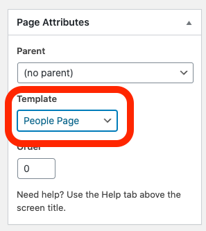 Red box around "People Page" option in the Page Attributes block