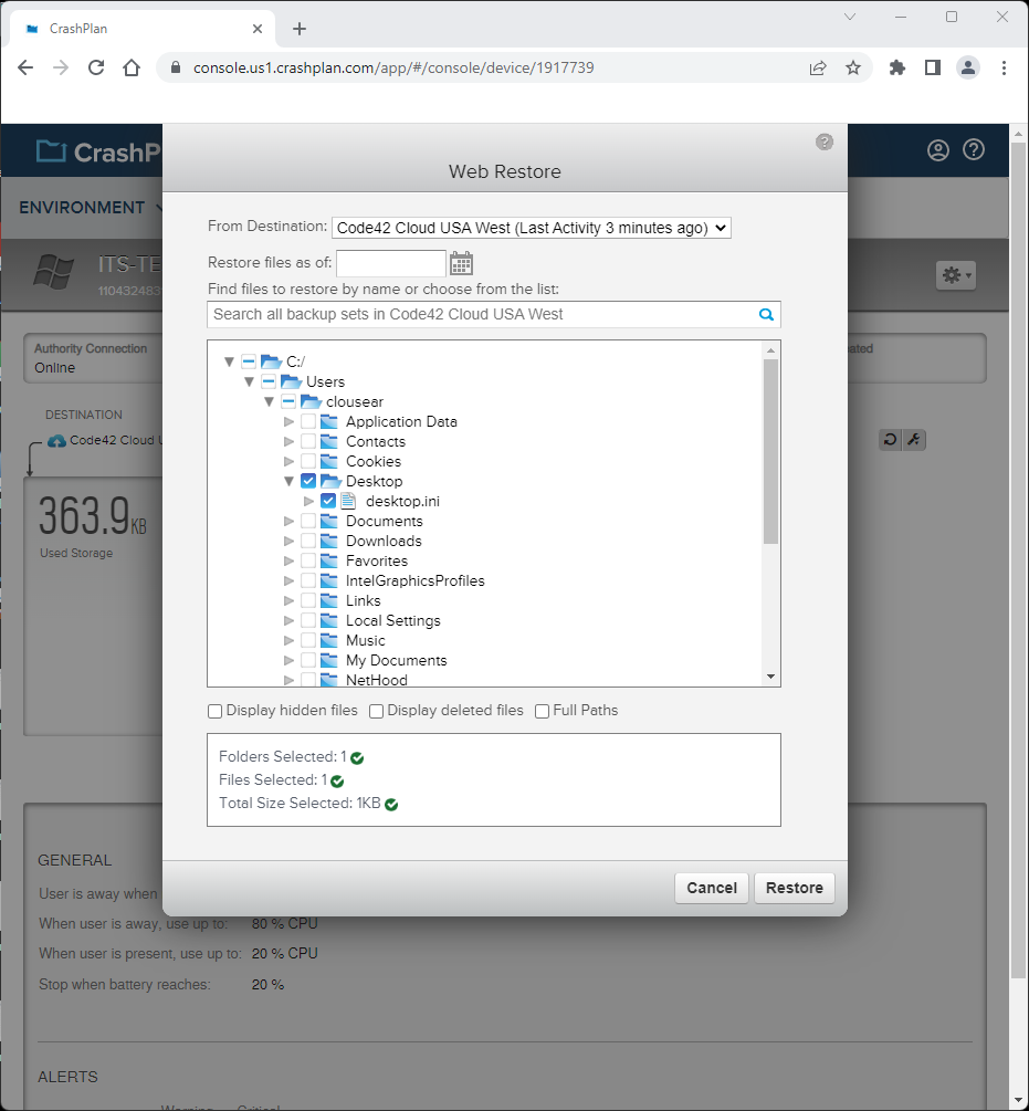 CrashPlan Webpage Restore - Step 1