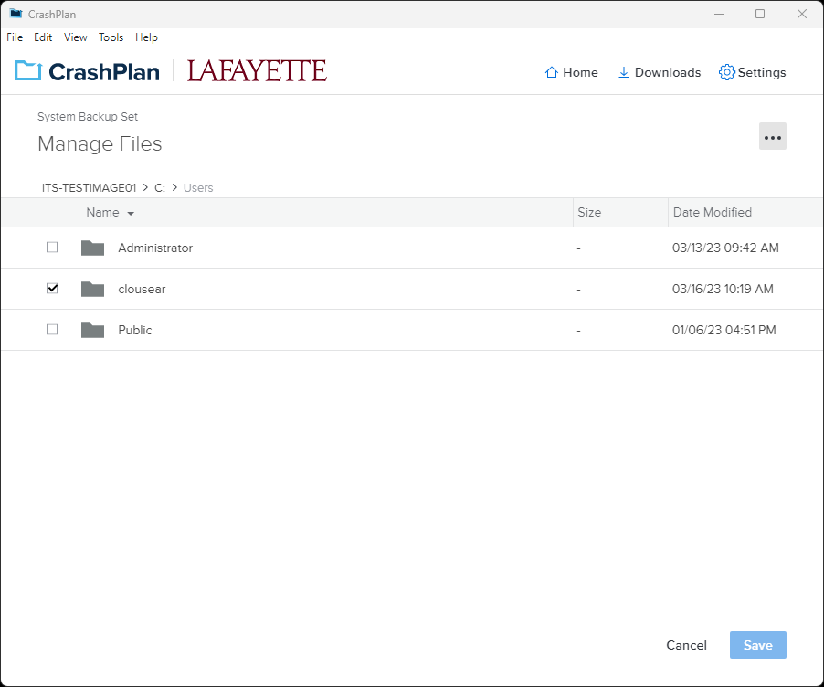 manage files screen of CrashPlan client