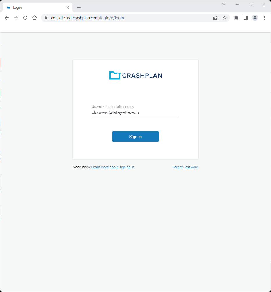 CrashPlan Webpage Sign-in - step 1