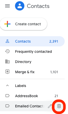 Red circle around trash can for Emailed Contacts