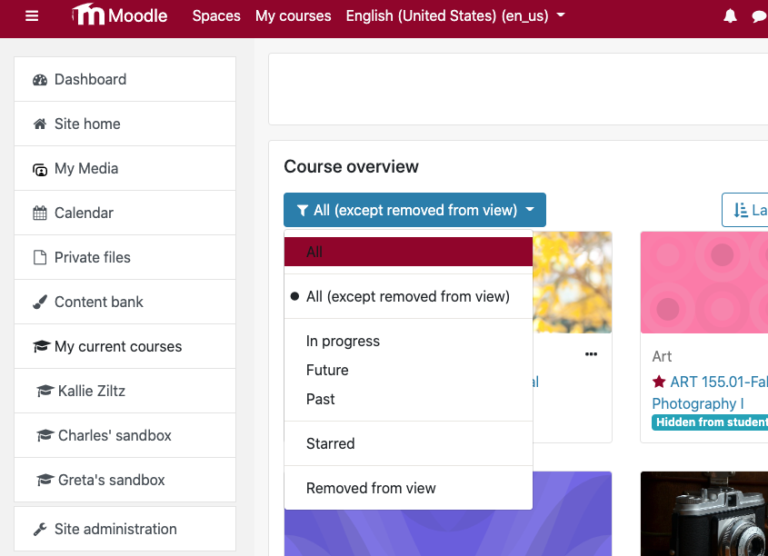 Drop-down list for the Course overview block on the Moodle dashboard