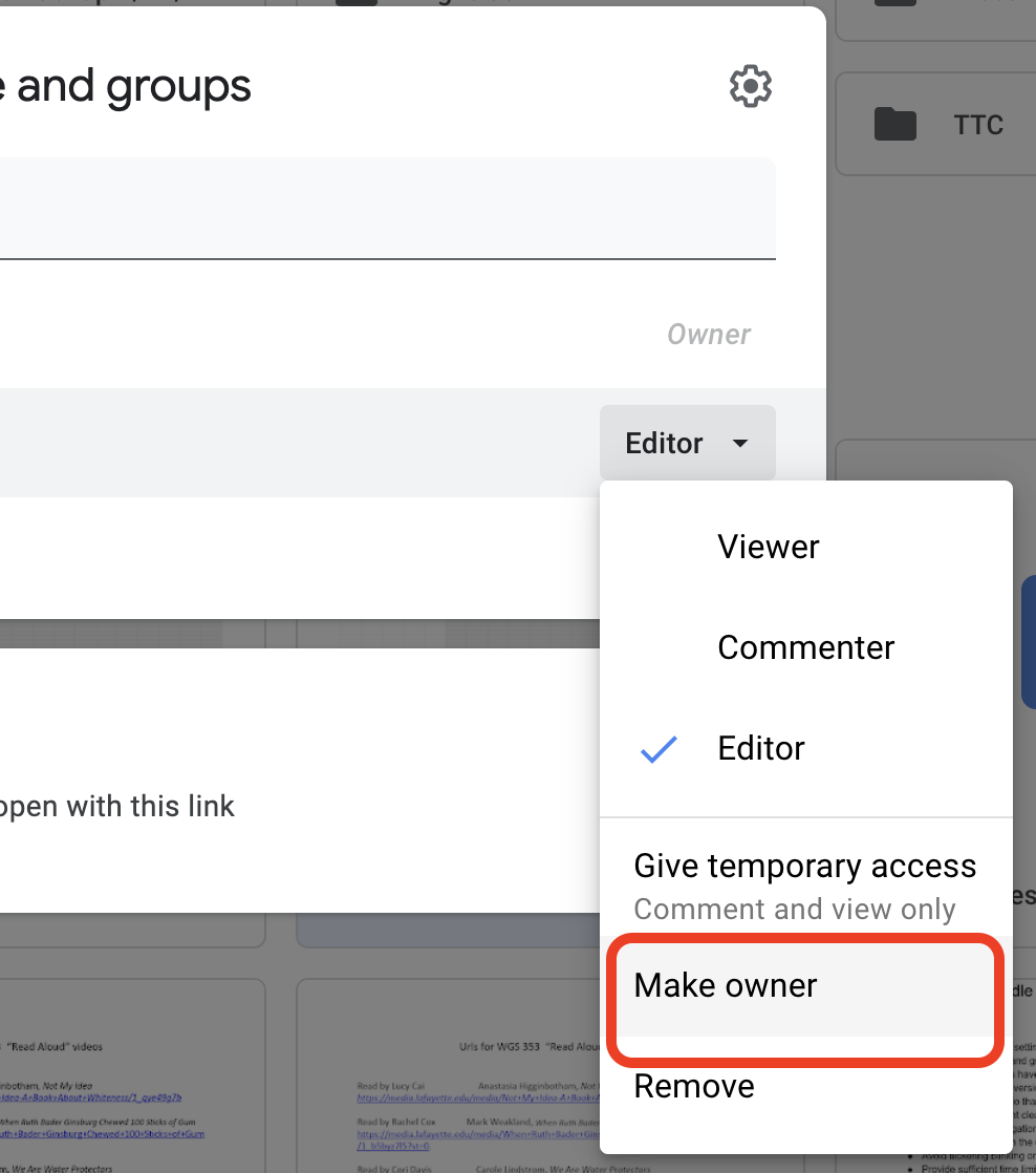 Red box around "Make owner" option in Google My Drive