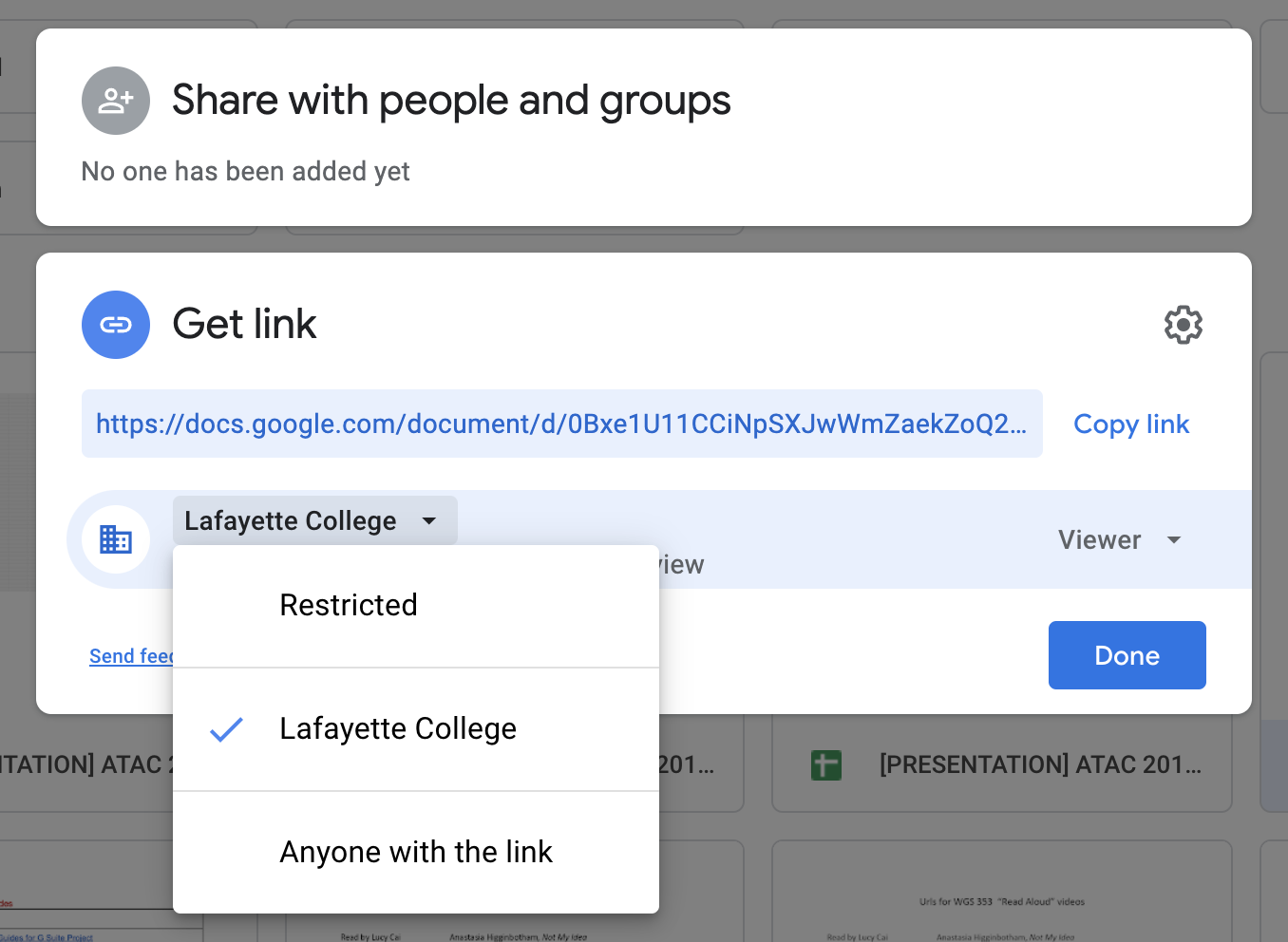 List of sharing options in Google My Drive