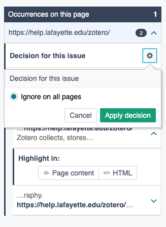 Instruct Siteimprove to ignore the broken link under "Decision for this issue"