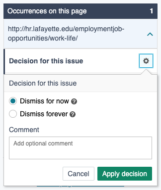 Choose "Dismiss for now" to have Siteimprove ignore a false-positive broken link.