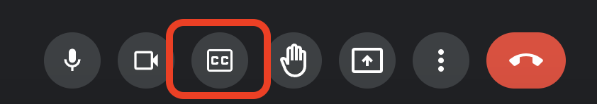 Red box around the CC button in Google Meet controls