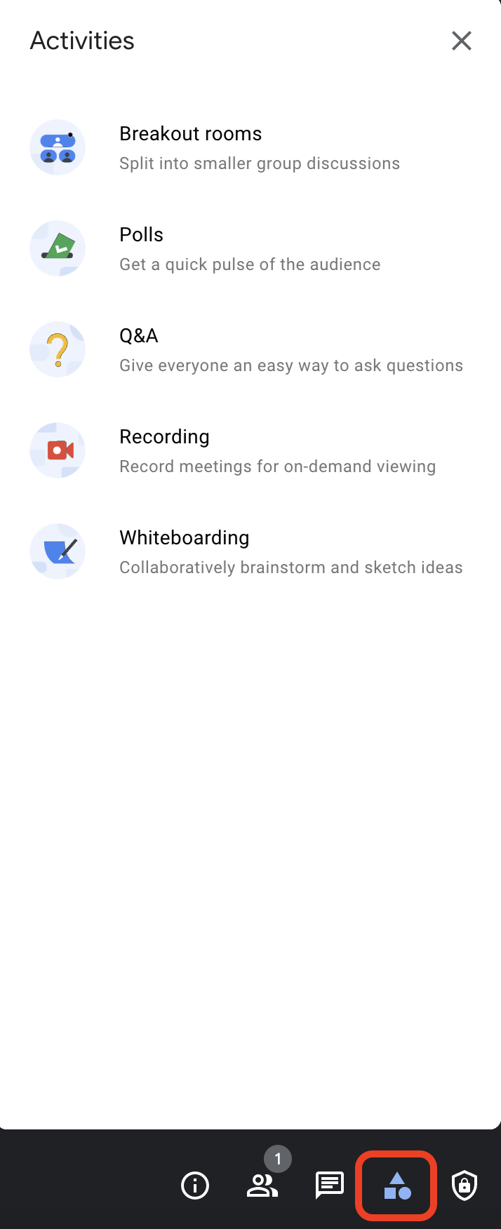 Activities box in Google Meet