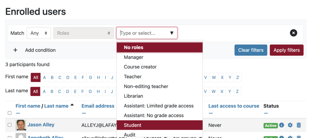 filter options in moodle