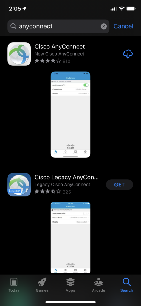 Select the Cisco AnyConnect client from your iOS app store
