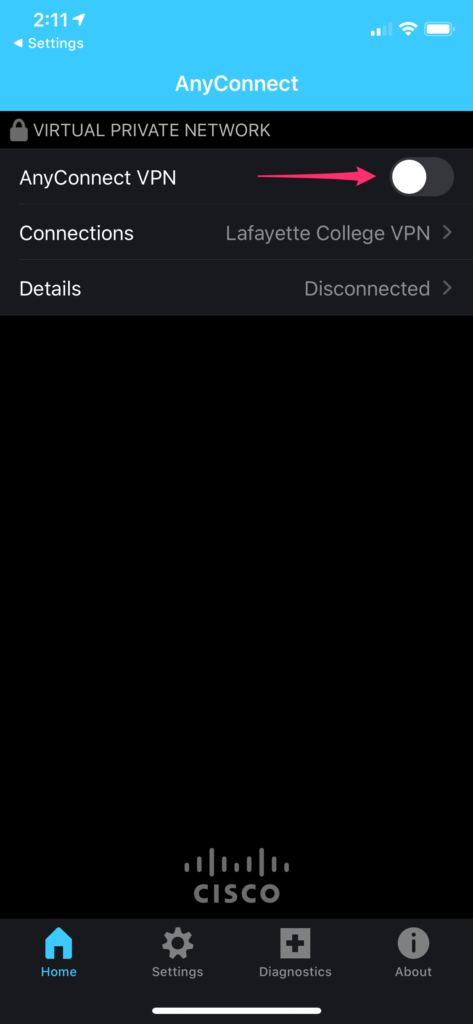 Tap slider to establish VPN connection