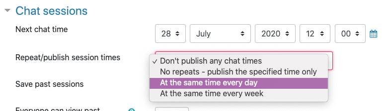 Select whether the Moodle Chat will be repeated or a one time occurrence 