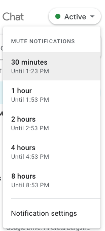 Set your Google Chat availability by clicking on the "Active" button.