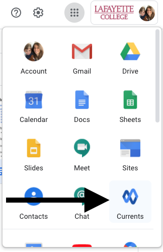 Select the Currents icon from the G Suite apps waffle