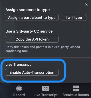Zoom Live Transcript enable auto-transcription screen