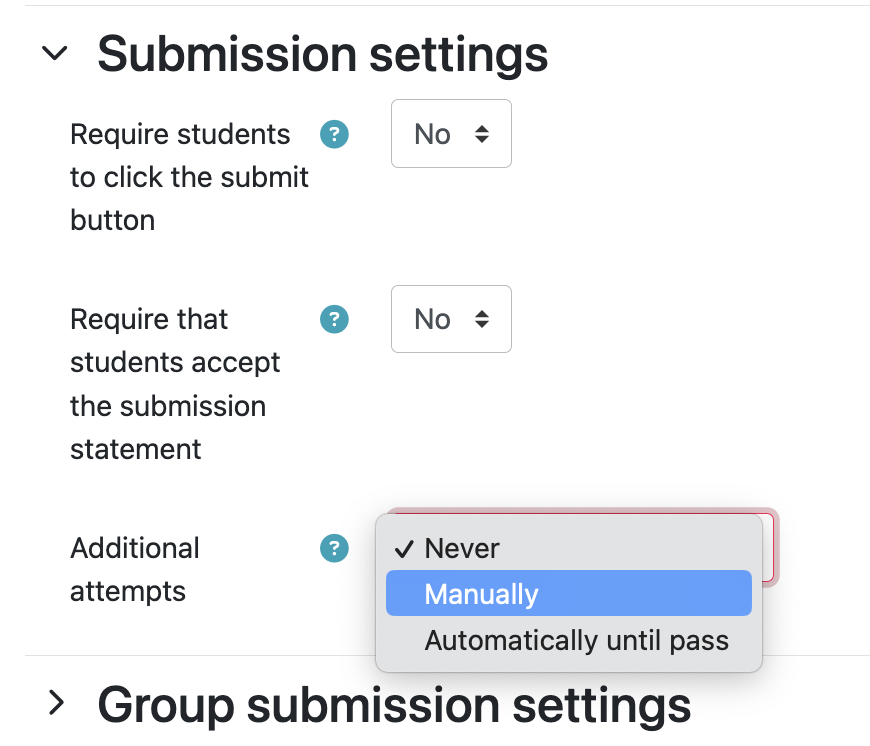 submission settings within the assignment activity in Moodle