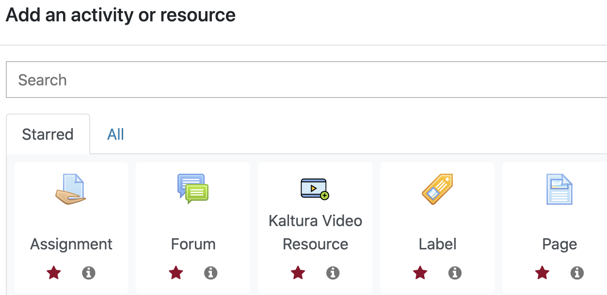 Starred tab in the activity and resource picker in Moodle.