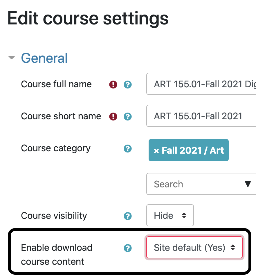 Black circle around "Enable download course content" option on the Edit course settings page.