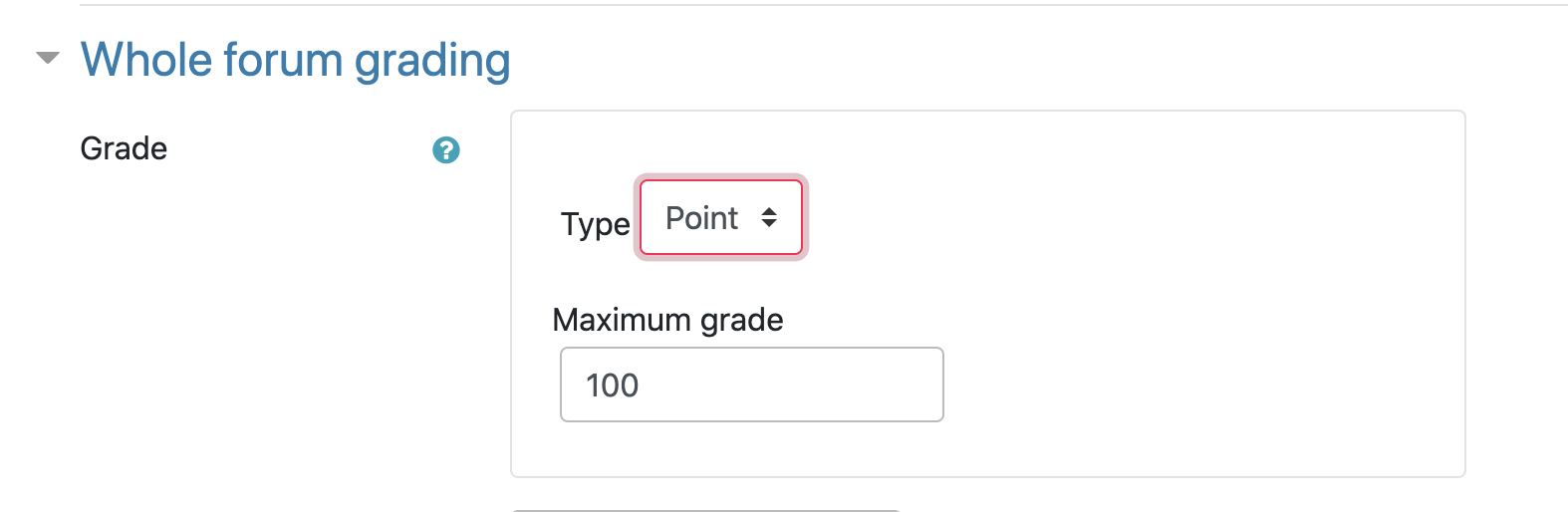 Whole forum grading section in the activity settings for Moodle forum