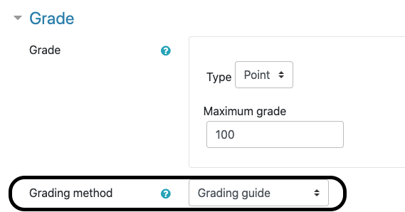 Black circle around "Grading method" which is set to use a "Grading guide" in the Grade section of a Moodle Assignment settings.