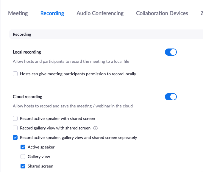 Recording settings in Zoom with "Record active speaker, gallery view and shared screen separately" checked