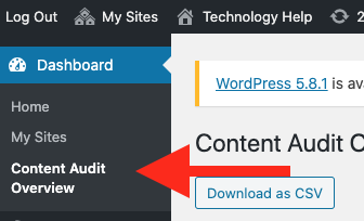 Red arrow pointing at Content Audit Overview in WordPress dashboard