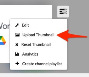 screenshot of channel actions menu from a media channel pointing to "upload thumbnail"