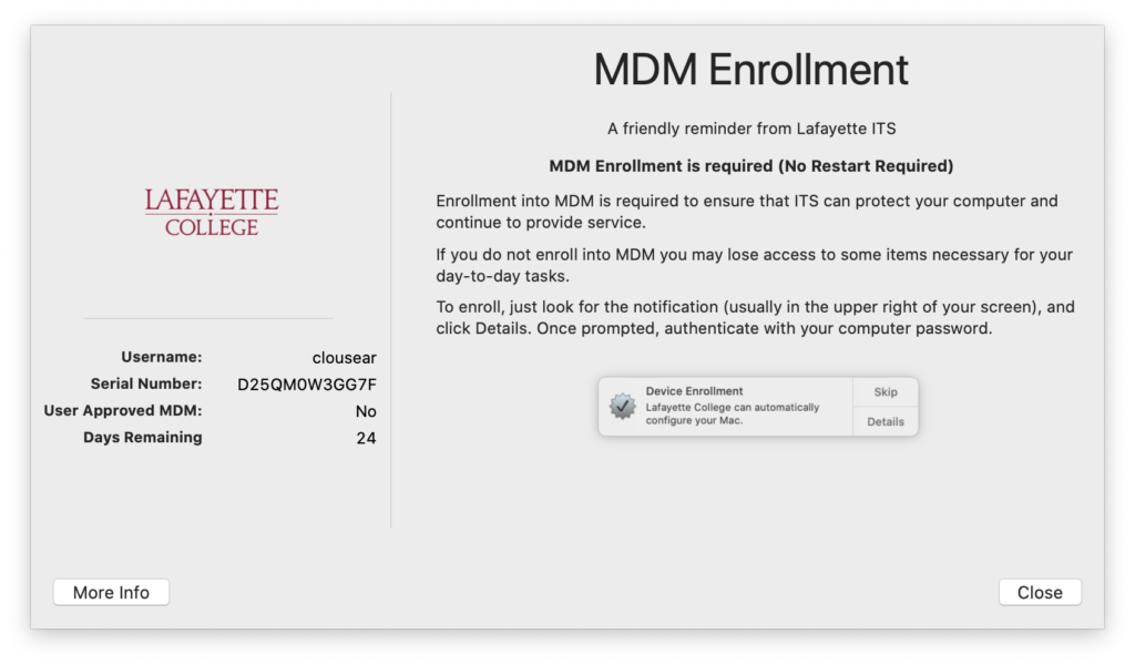 Dialog box showing MDM Enrollment Required
