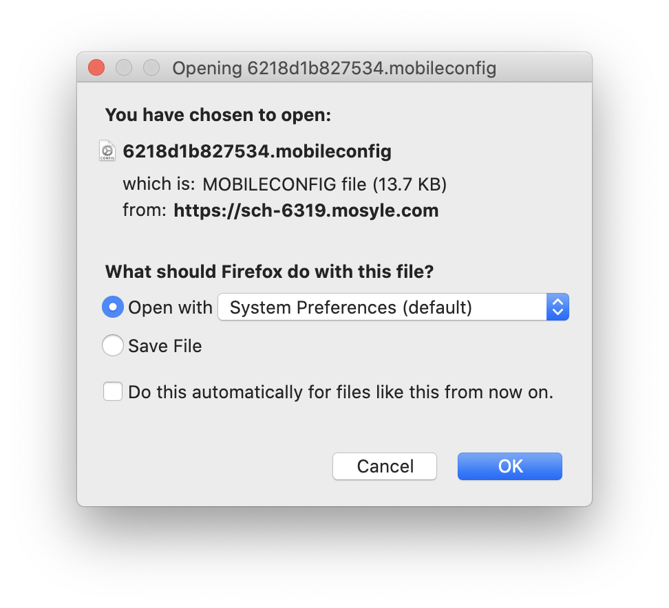 Firefox dialog prompting to open a mobileconfig file