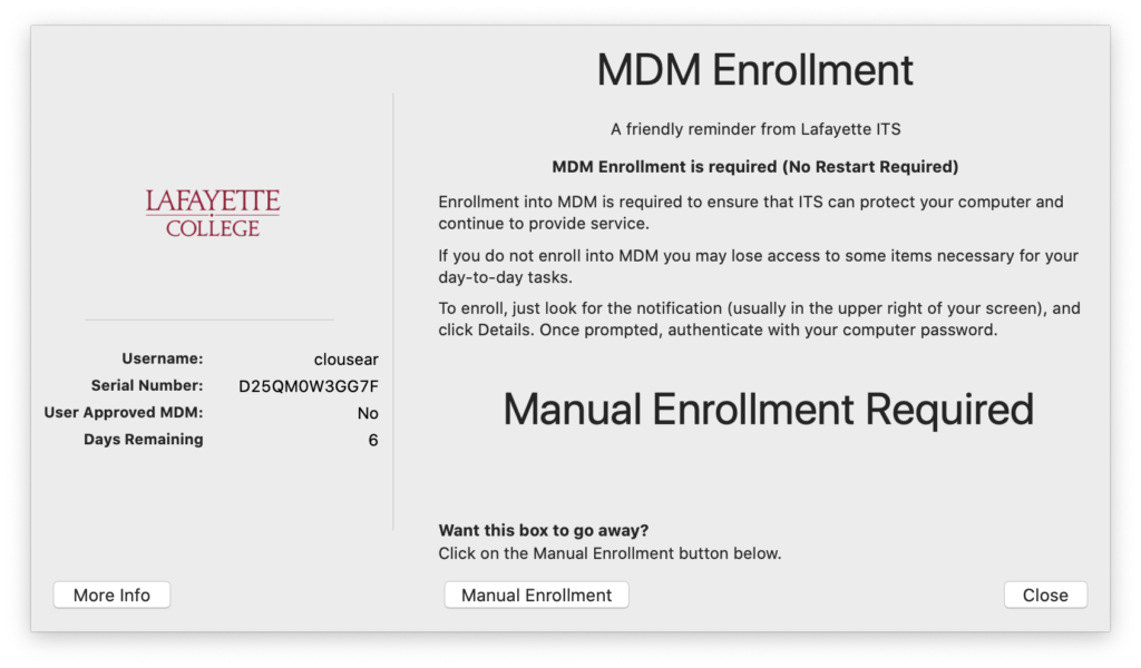 Dialog box showing Manual Enrollment Required