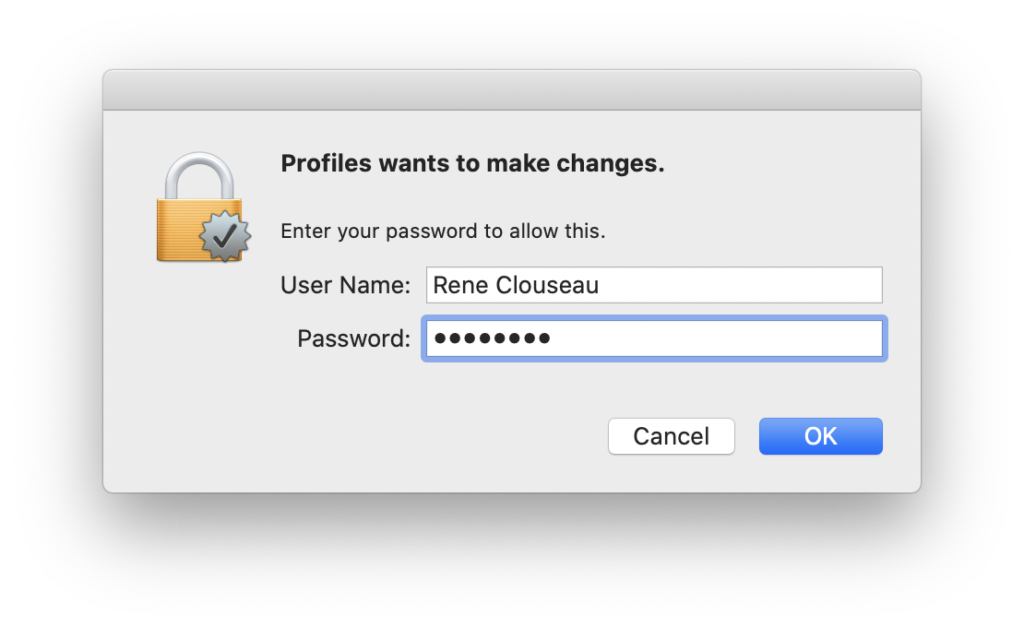 Dialog prompting for password fro Rene Clouseau