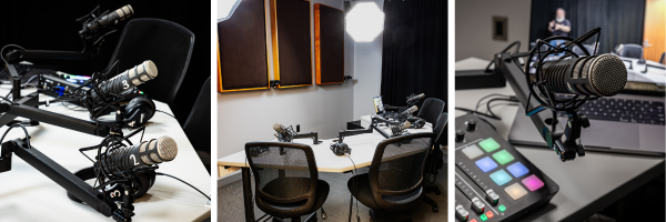 a collage of images showcasing the audio and video equipment in the podcast studio spaces