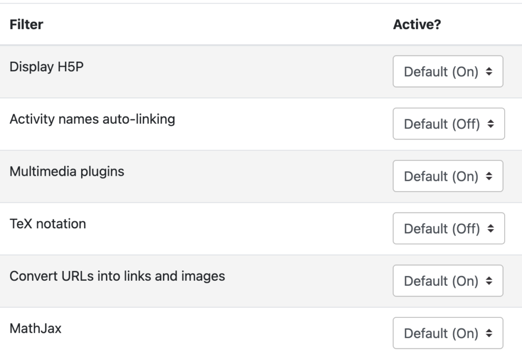 Screenshot of filters to set in a Moodle course.