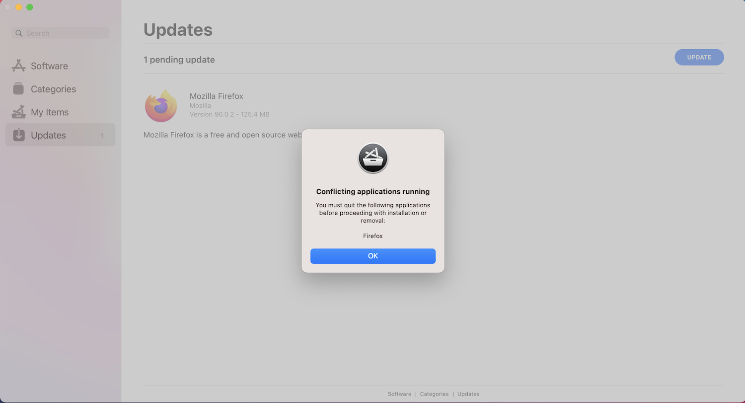 Managed Software Center window showing action required