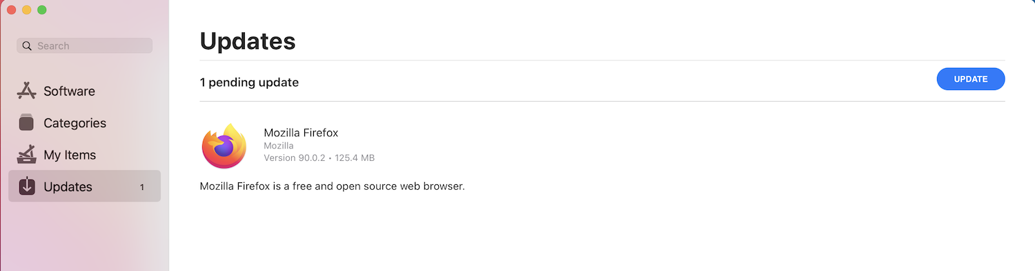 Managed Software Center window showing Firefox pending update