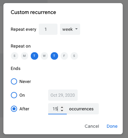 Custom recurrence options allow for multiple days of the week and a specific number of occurrences 