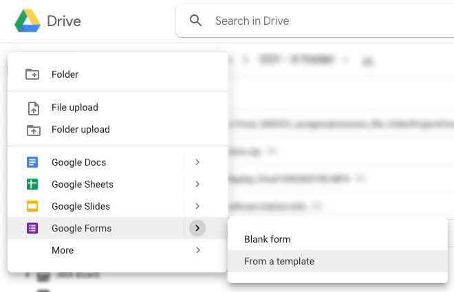 Screenshot of creating a Google Form from a template