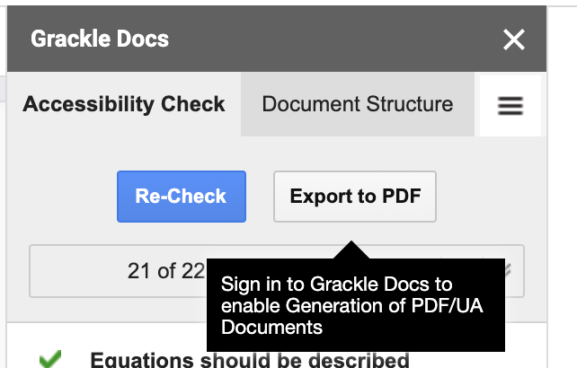 "Export to PDF" button in Grackle Docs interface