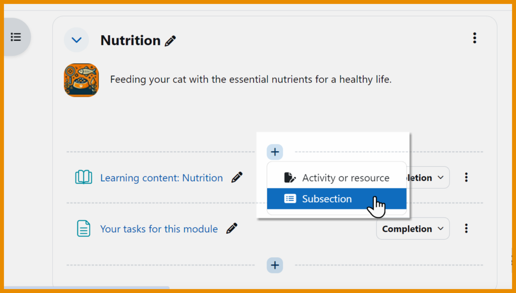a view of the subsection menu