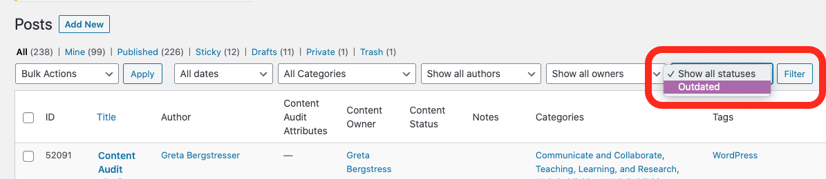 Red box around "Show all statuses" drop-down filter on the Posts overview page