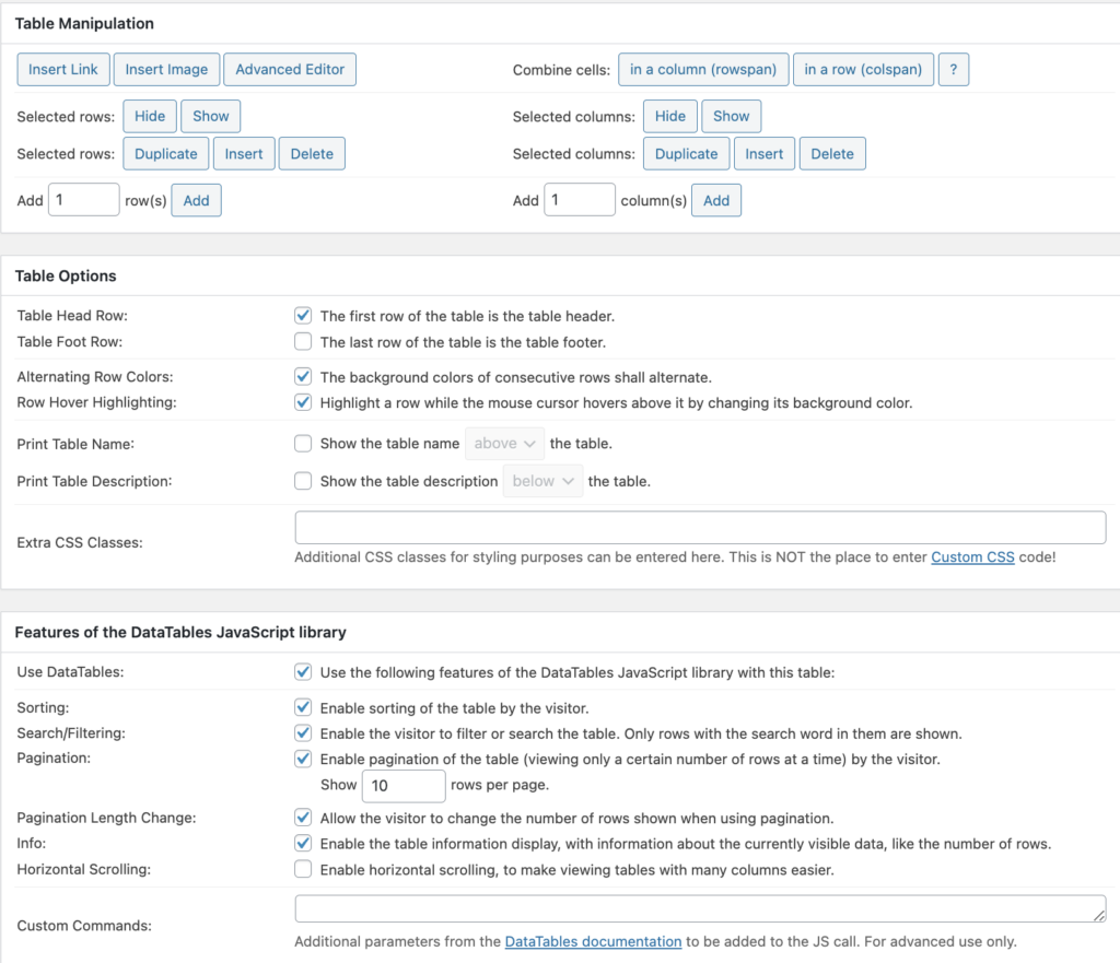 TablePress Edit options image