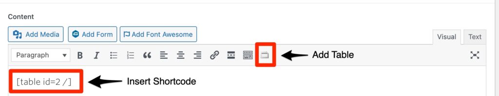 image of content editor indicating how to add a tablepress table