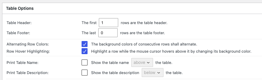 Tablepress table header options